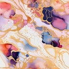 Modern Alcohol Ink Pattern 18 Fabric with abstract swirls, marble effect, fluid shapes, gold accents, pink, purple, blue, cream, and orange colors, soft texture, quilting material, cotton textile, artistic print, premium quilting fabric design.