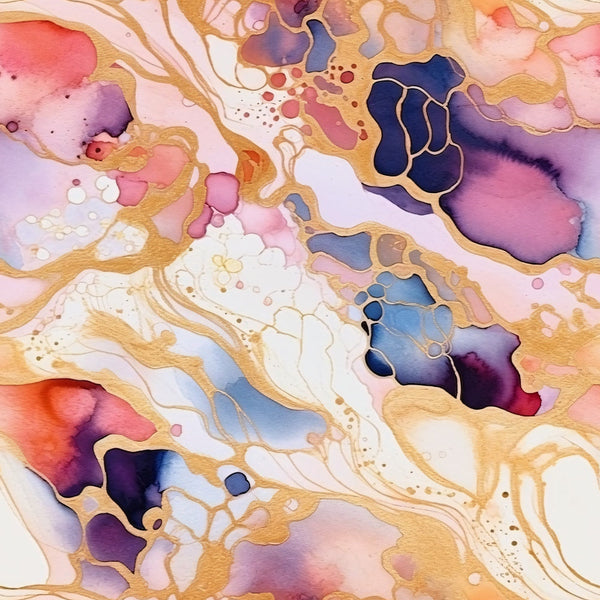 Modern Alcohol Ink Pattern 18 Fabric with abstract swirls, marble effect, fluid shapes, gold accents, pink, purple, blue, cream, and orange colors, soft texture, quilting material, cotton textile, artistic print, premium quilting fabric design.