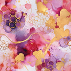 Modern Alcohol Ink Pattern 19 Fabric featuring abstract fluid shapes, gold accents, watercolor effects, purple, pink, red, orange, seamless textile design, artistic print, premium, craft fabric.