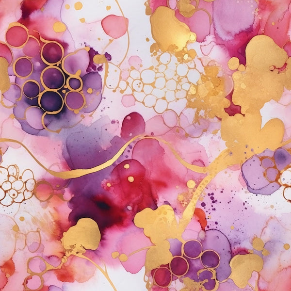 Modern Alcohol Ink Pattern 19 Fabric featuring abstract fluid shapes, gold accents, watercolor effects, purple, pink, red, orange, seamless textile design, artistic print, premium, craft fabric.