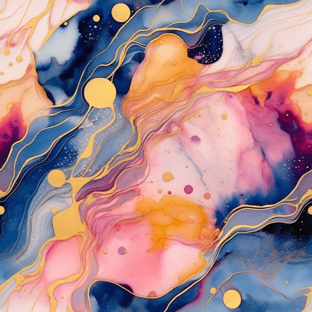 Modern Alcohol Ink Pattern 20 Fabric, abstract, marbled, fluid, swirling, blue, pink, orange, gold, colorful, artistic, vibrant, soft, cotton, quilting, textile, fabric, premium, smooth