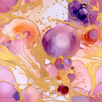 Modern Alcohol Ink Pattern 3 Fabric featuring abstract floral shapes, gold accents, purple, pink, orange, and red colors, watercolor style, artistic, vibrant, smooth texture, cotton textile, quilting material, fabric yardage, printed design, soft finish