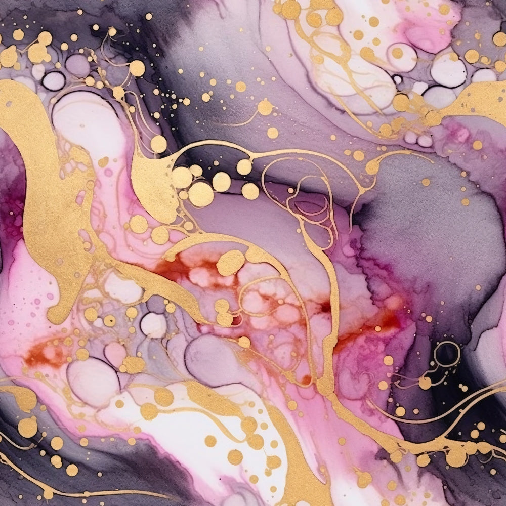 Modern Alcohol Ink Pattern 4 Fabric featuring swirling abstract design with gold, purple, pink, black, and white colors; fluid, marble-like, artistic, decorative, textile, cloth, material, vibrant, artistic, swirled, dyed, creative.
