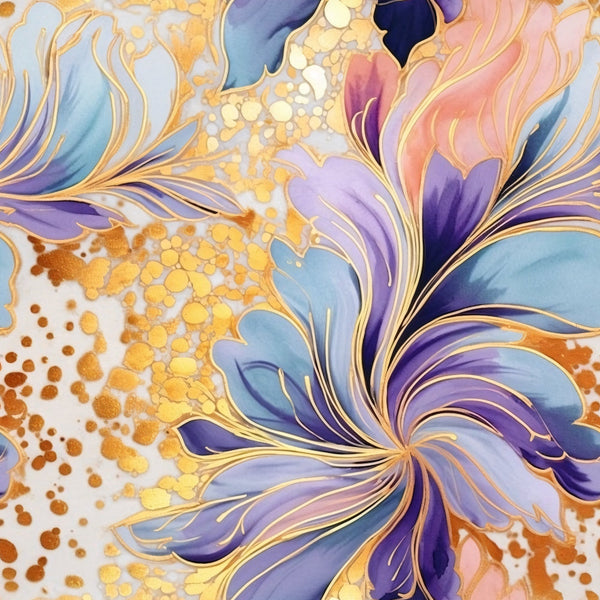 '- Modern Alcohol Ink Pattern 5 Fabric - Cotton - Quilting - Fabric - Floral - Abstract - Blue - Purple - Gold - Pink - Soft - Vibrant - Artistic - Premium