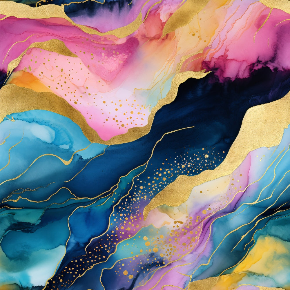 Modern Alcohol Ink Pattern 6 Fabric featuring vibrant abstract swirls, gold accents, pink, blue, purple, and yellow hues, artistic liquid design, luxurious smooth textile, artistic watercolor effect, rich color blend, quilting fabric, cotton material, fabric yardage for sewing projects.