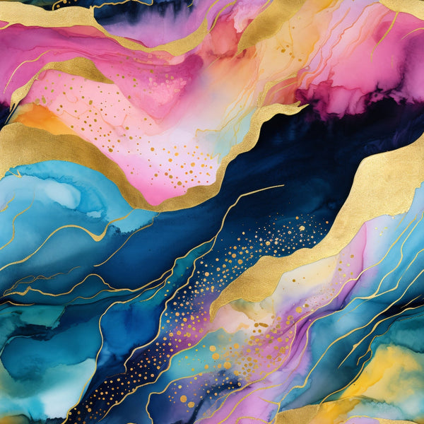 Modern Alcohol Ink Pattern 6 Fabric featuring vibrant abstract swirls, gold accents, pink, blue, purple, and yellow hues, artistic liquid design, luxurious smooth textile, artistic watercolor effect, rich color blend, quilting fabric, cotton material, fabric yardage for sewing projects.