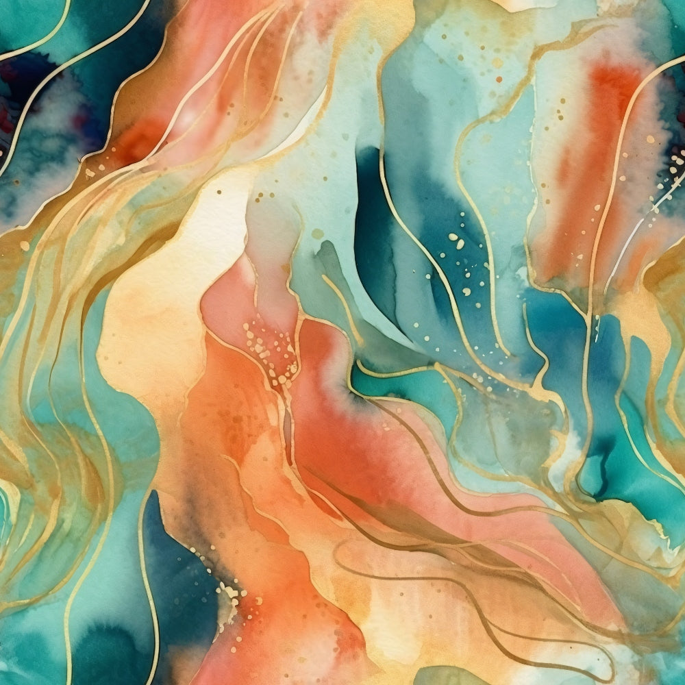 '- Modern Alcohol Ink Pattern 8 Fabric - abstract design - swirling shapes - orange, teal, blue, beige, gold accents - fluid art style - marbled texture - cotton textile - quilting material - artistic fabric - colorful fabric