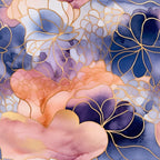 Modern Alcohol Ink Pattern 9 Fabric featuring abstract floral design, soft pastel pinks, deep blues, purples, with gold accents, delicate blossoms, watercolor effect, modern textile, quilting material, cotton fabric for crafts and sewing projects.