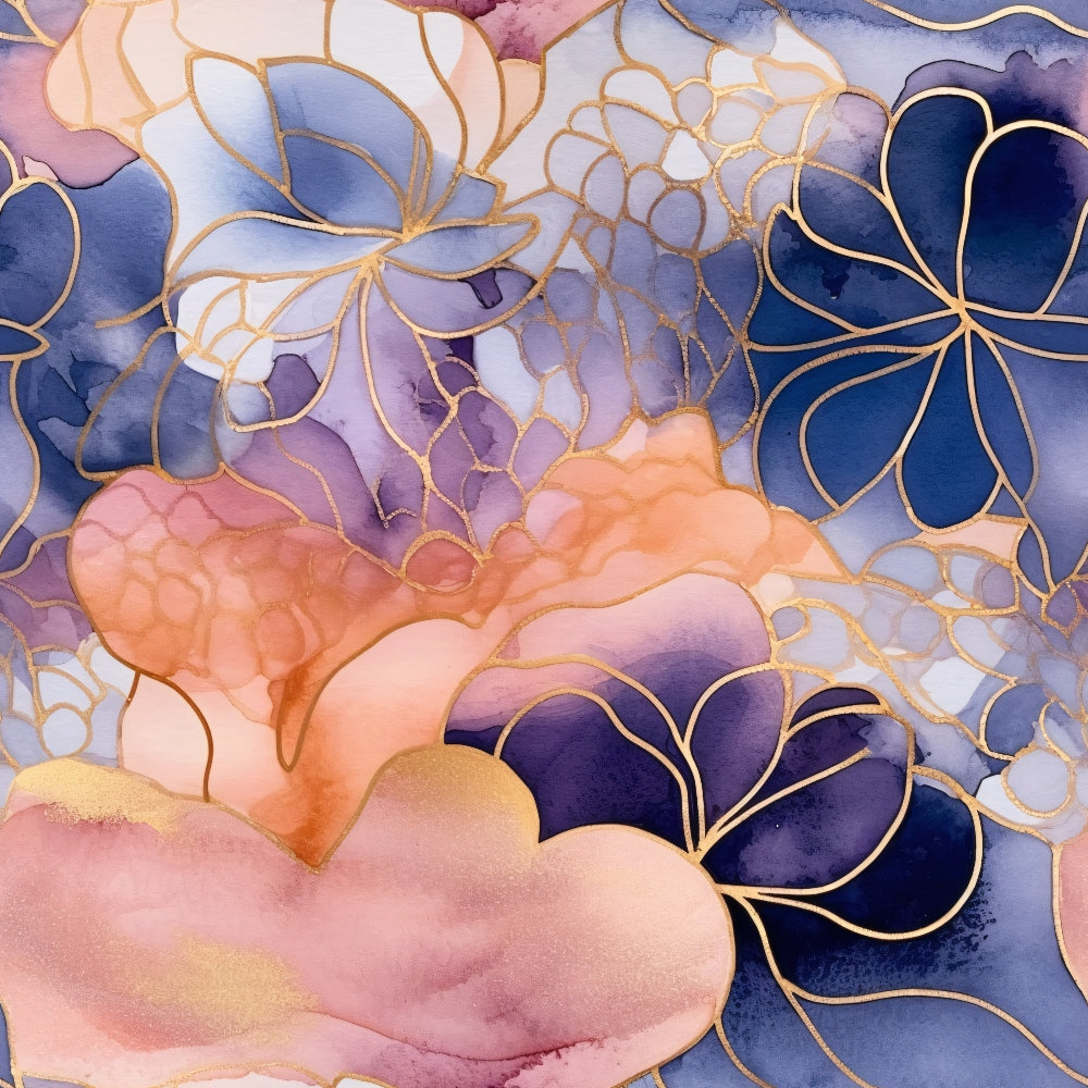 Modern Alcohol Ink Pattern 9 Fabric featuring abstract floral design, soft pastel pinks, deep blues, purples, with gold accents, delicate blossoms, watercolor effect, modern textile, quilting material, cotton fabric for crafts and sewing projects.
