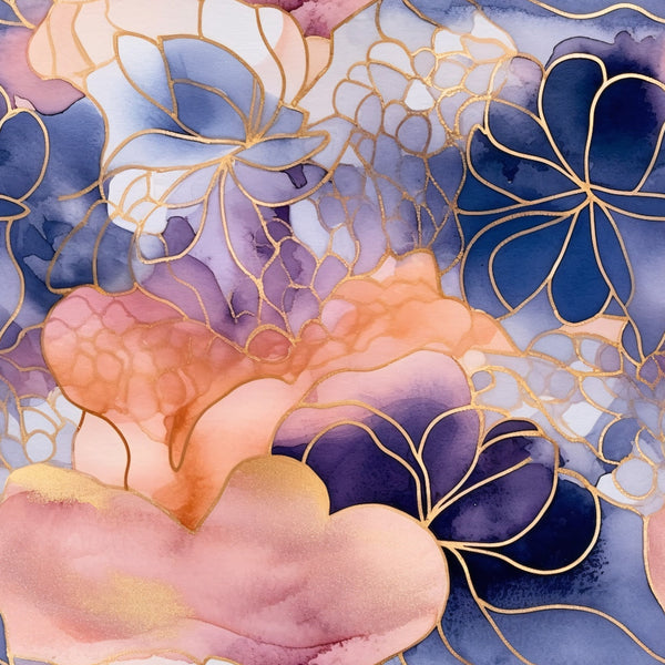 Modern Alcohol Ink Pattern 9 Fabric featuring abstract floral design, soft pastel pinks, deep blues, purples, with gold accents, delicate blossoms, watercolor effect, modern textile, quilting material, cotton fabric for crafts and sewing projects.