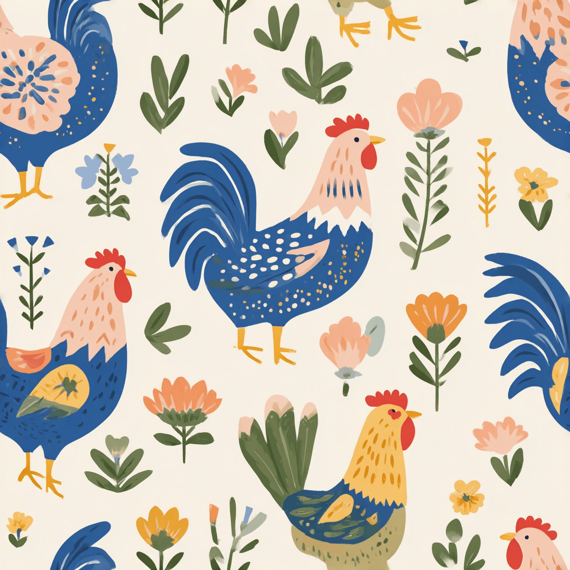 Modern Folk Rooster Pattern 1 Minky Fabric
