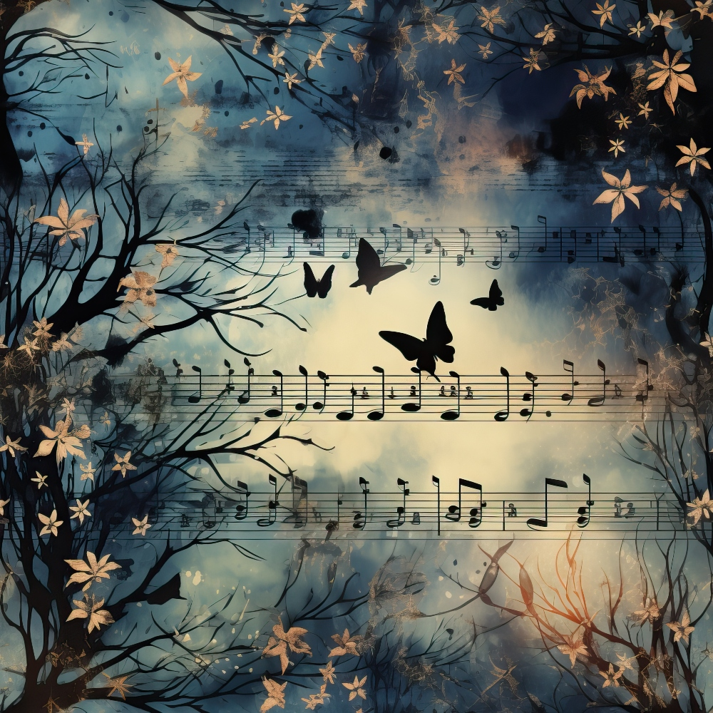 Sheet music overlayed with butterflies and floral elements amid dark trees on a misty, abstract background.