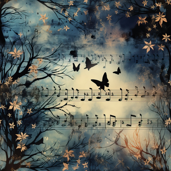Sheet music overlayed with butterflies and floral elements amid dark trees on a misty, abstract background.