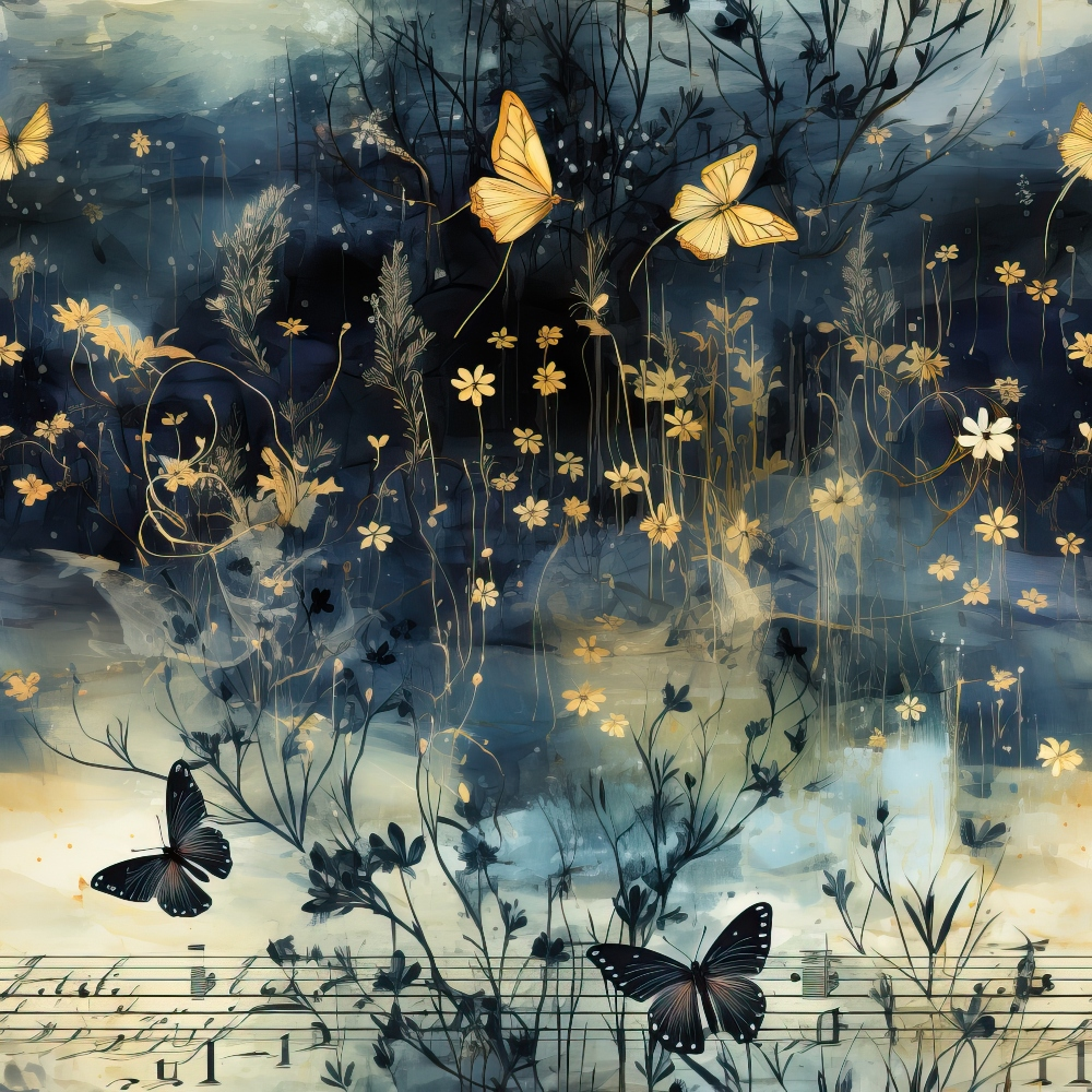 Butterflies flutter among abstract flowers and musical notes on a dark, dreamy background.