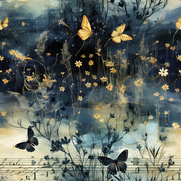 Butterflies flutter among abstract flowers and musical notes on a dark, dreamy background.