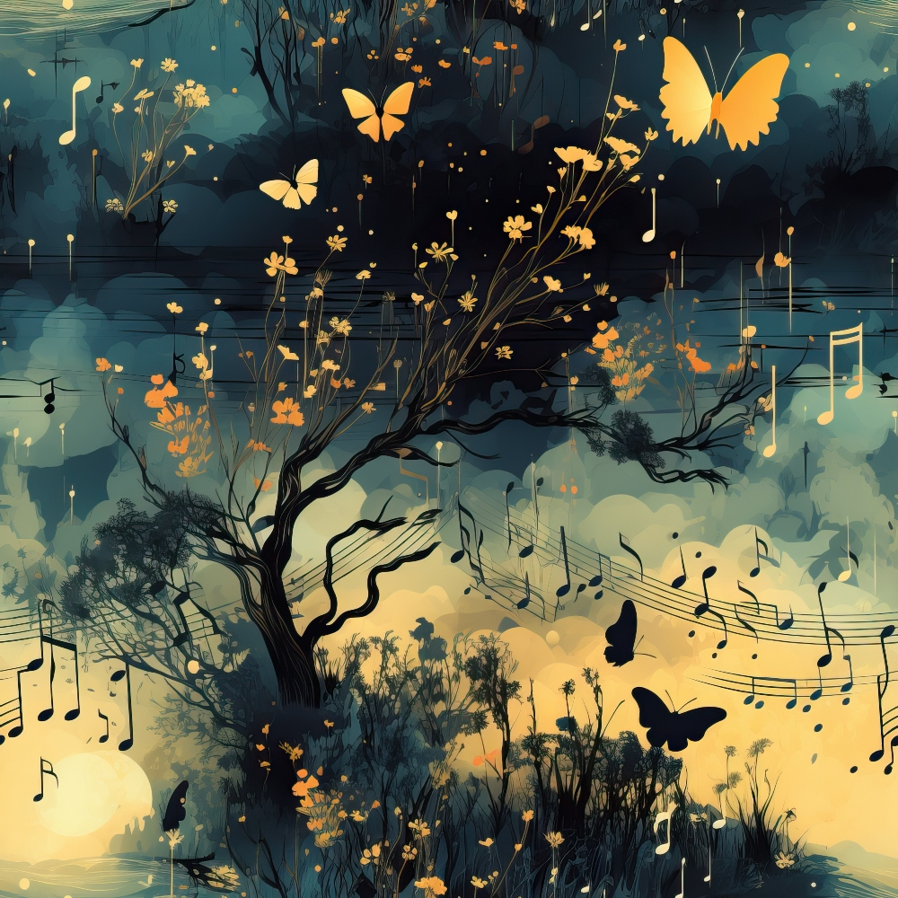 A surreal scene depicting a tree with glowing flowers, surrounded by butterflies and floating musical notes, set against an ethereal, misty background.