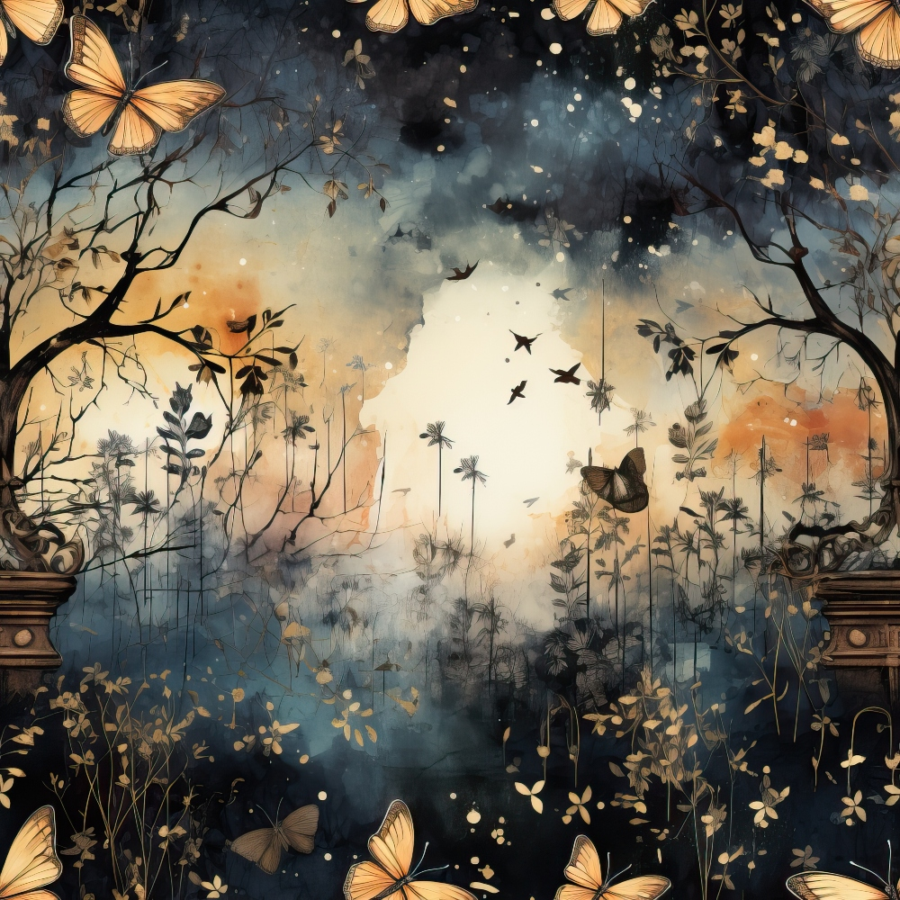 Illustration of butterflies and silhouetted trees against a dreamy, twilight backdrop with birds in the sky.