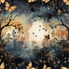 Illustration of butterflies and silhouetted trees against a dreamy, twilight backdrop with birds in the sky.
