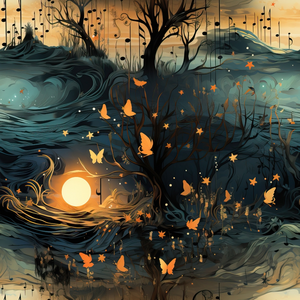 Illustration of an abstract, surreal landscape with swirling patterns, a glowing sun, butterflies, and trees, blending night and day elements in a whimsical, dreamlike scene.