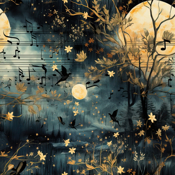 Mystical scene with glowing moons, trees, and silhouetted birds. Musical notes and golden leaves are scattered across a dark, dreamlike landscape.