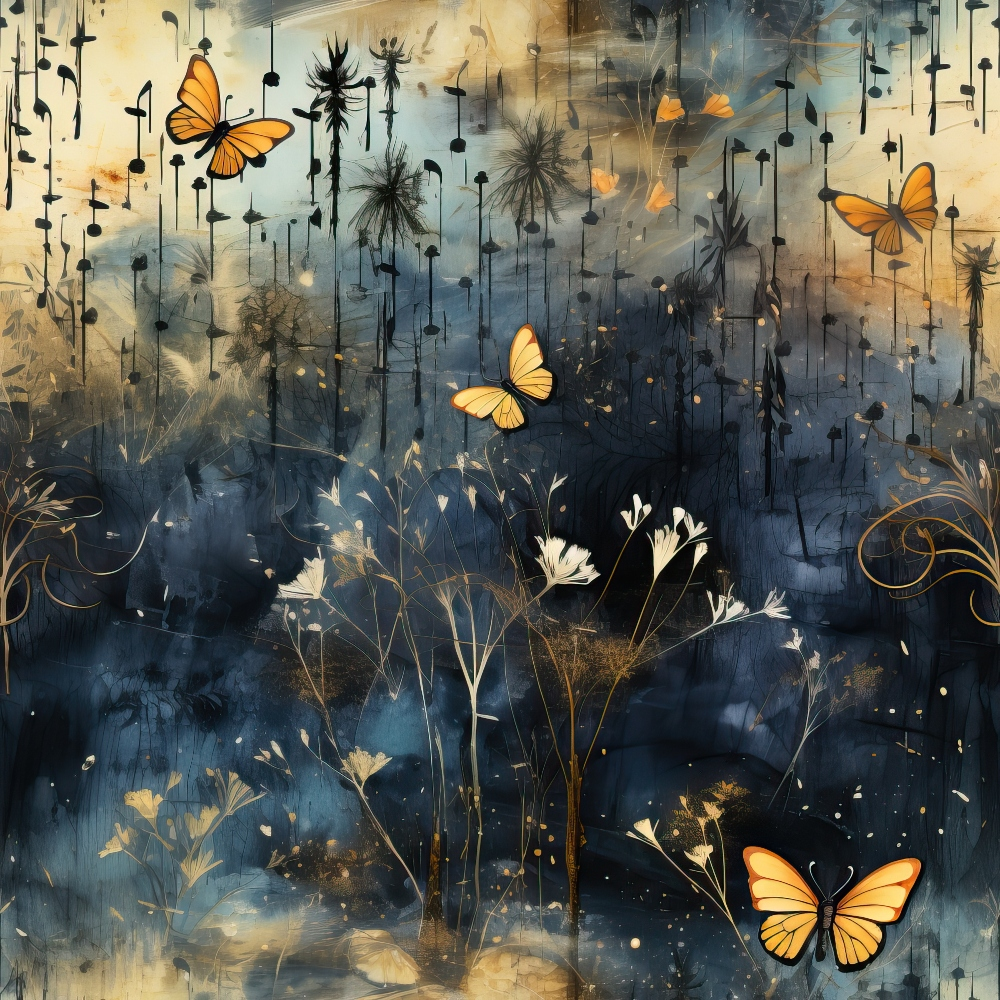 A dreamy abstract scene features orange butterflies and floral elements against a blue and gold background, creating a whimsical, nature-inspired atmosphere.