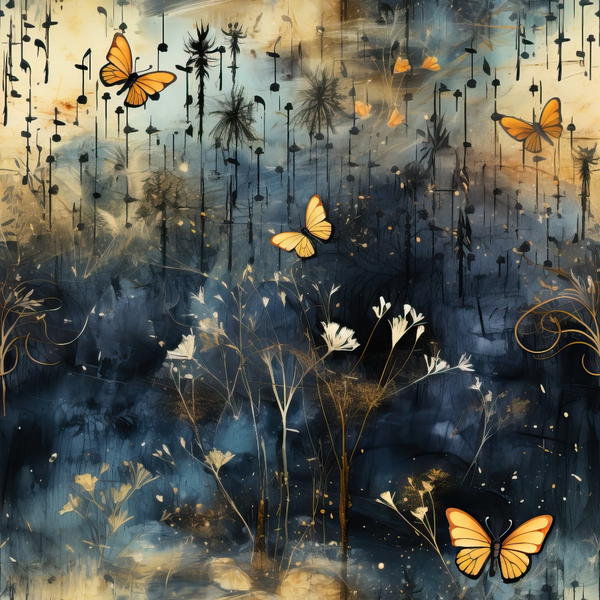 A dreamy abstract scene features orange butterflies and floral elements against a blue and gold background, creating a whimsical, nature-inspired atmosphere.