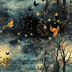 Musical notes, birds, and stars overlay a dark, misty forest background, creating a whimsical, dreamlike scene.