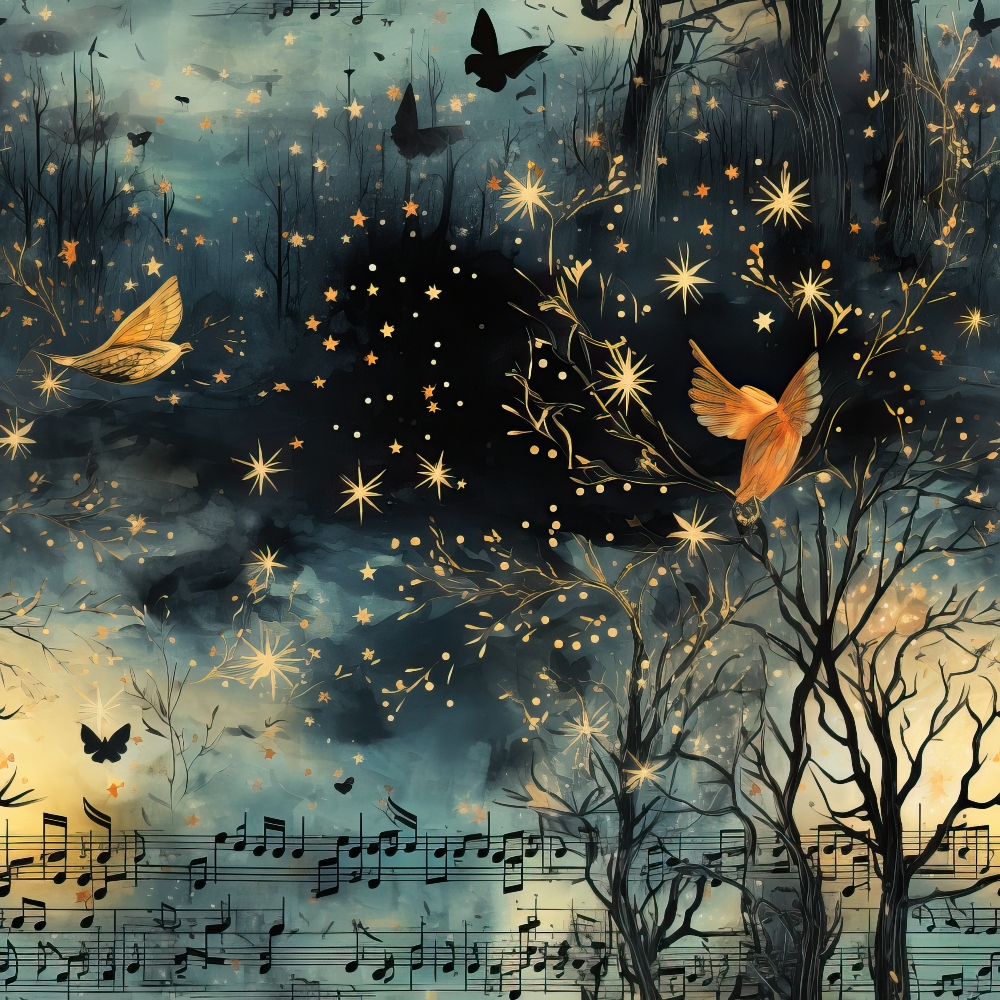 Musical notes, birds, and stars overlay a dark, misty forest background, creating a whimsical, dreamlike scene.