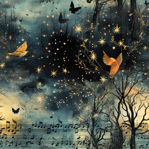 Musical notes, birds, and stars overlay a dark, misty forest background, creating a whimsical, dreamlike scene.