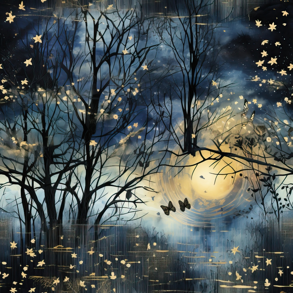 Illustration of a moonlit night with silhouetted trees, butterflies, and scattered golden leaves against a starry sky.