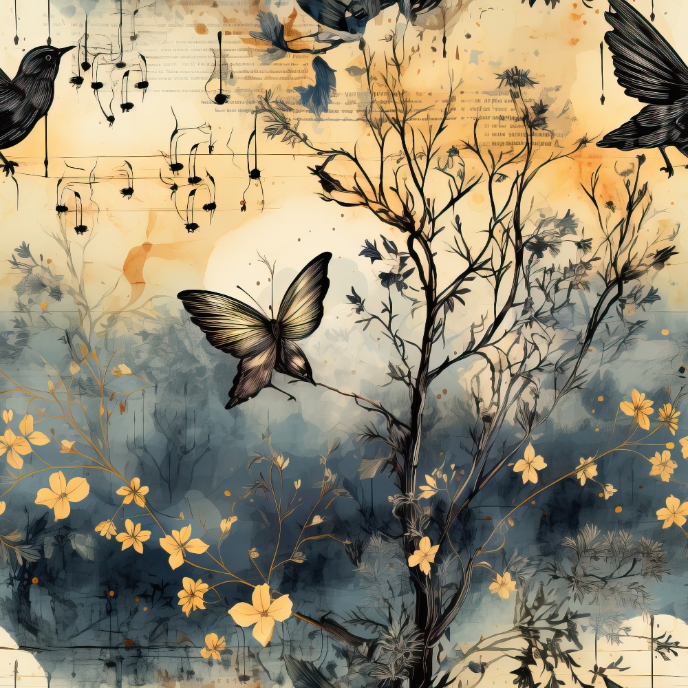 Artistic scene with butterflies and birds around a blooming tree. Musical notes float in the background, highlighting a blend of nature and music on a light, textured backdrop.