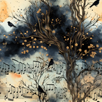 Illustrative scene of a tree entwined with musical notes, with branches forming melodies. Blackbirds are perched, surrounded by gold leaves and a dark, atmospheric background.