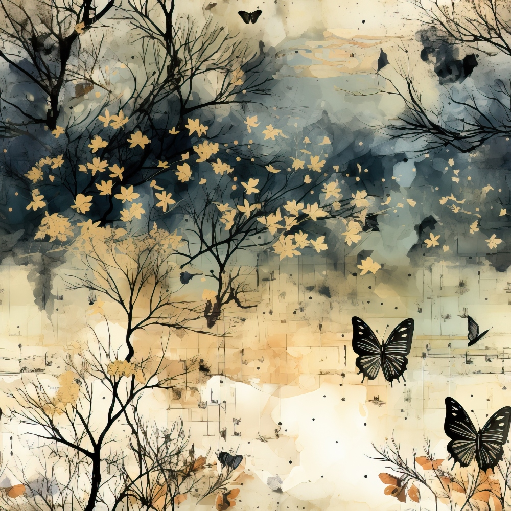 Abstract artwork featuring tree branches, yellow leaves, and butterflies against a watercolor background in shades of blue and beige.