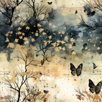 Abstract artwork featuring tree branches, yellow leaves, and butterflies against a watercolor background in shades of blue and beige.