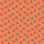 Seamless pattern of cartoon popcorn buckets and small popcorn kernels on a red background.