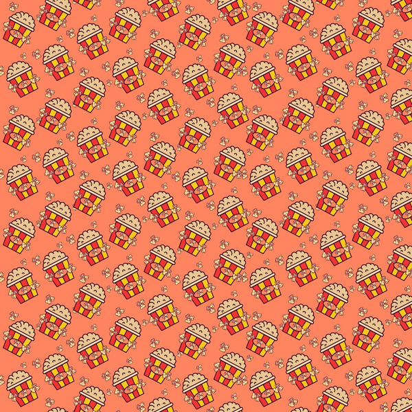 Seamless pattern of cartoon popcorn buckets and small popcorn kernels on a red background.