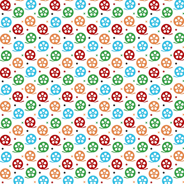 Pattern of colorful, repeated film reels in red, blue, orange, and green on a white background, with small black and red stars scattered throughout.