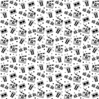 Black and white pattern featuring repeated cinema-themed icons, including film reels, popcorn, clapperboards, and 3D glasses, scattered across a white background.