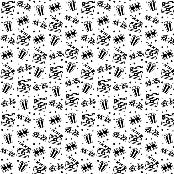 Black and white pattern featuring repeated cinema-themed icons, including film reels, popcorn, clapperboards, and 3D glasses, scattered across a white background.
