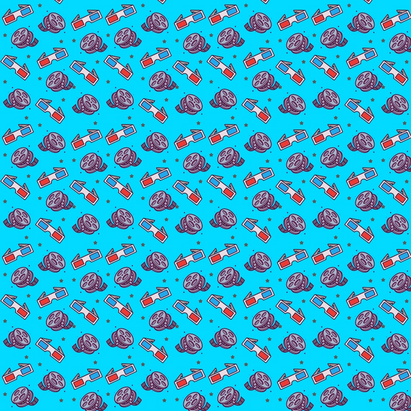 Pattern of illustrated pizza slices and sunglasses on a blue background.