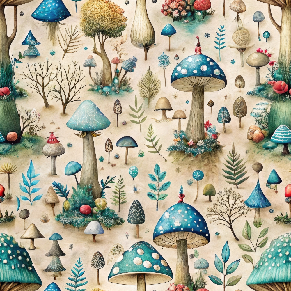 Illustration of various whimsical mushrooms and plants with blue and earthy tones, set against a light background.