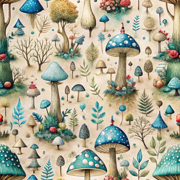 Illustration of various whimsical mushrooms and plants with blue and earthy tones, set against a light background.