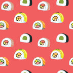 Pattern of various sushi rolls, including salmon, avocado, and yellow topping, on a red background.