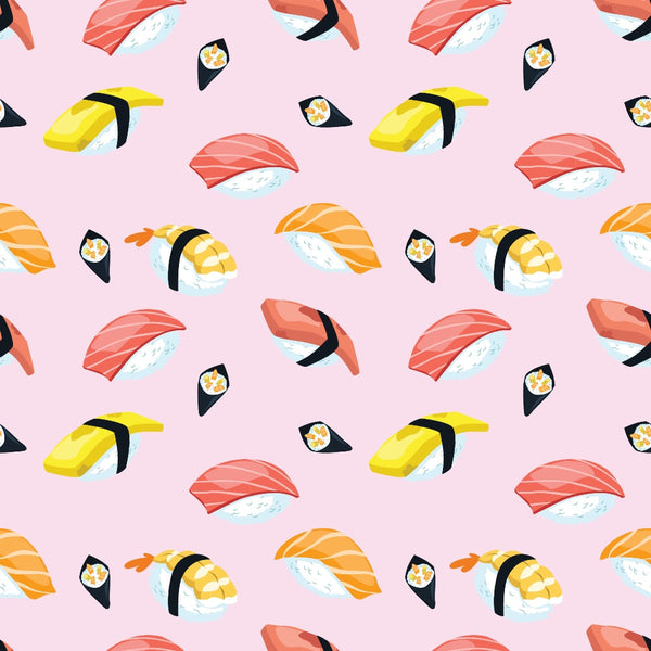 Pattern of assorted sushi pieces, including nigiri and rolls, on a light pink background.