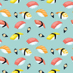 Seamless pattern of assorted sushi pieces, including nigiri and maki, on a light green background.