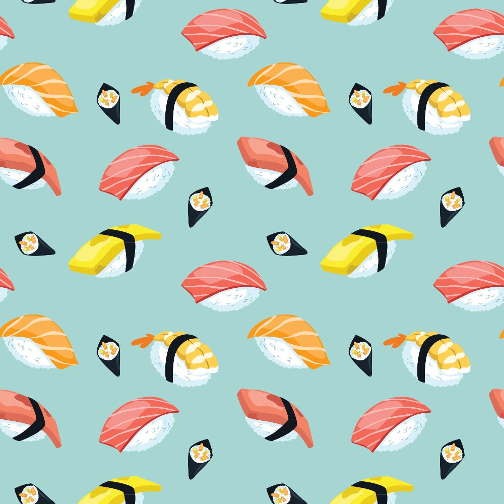 Seamless pattern of assorted sushi pieces, including nigiri and maki, on a light green background.