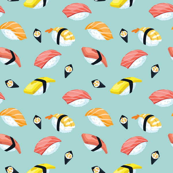 Seamless pattern of assorted sushi pieces, including nigiri and maki, on a light green background.