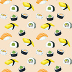 Pattern of various sushi pieces on a beige background.