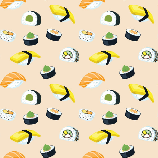 Pattern of various sushi pieces on a beige background.