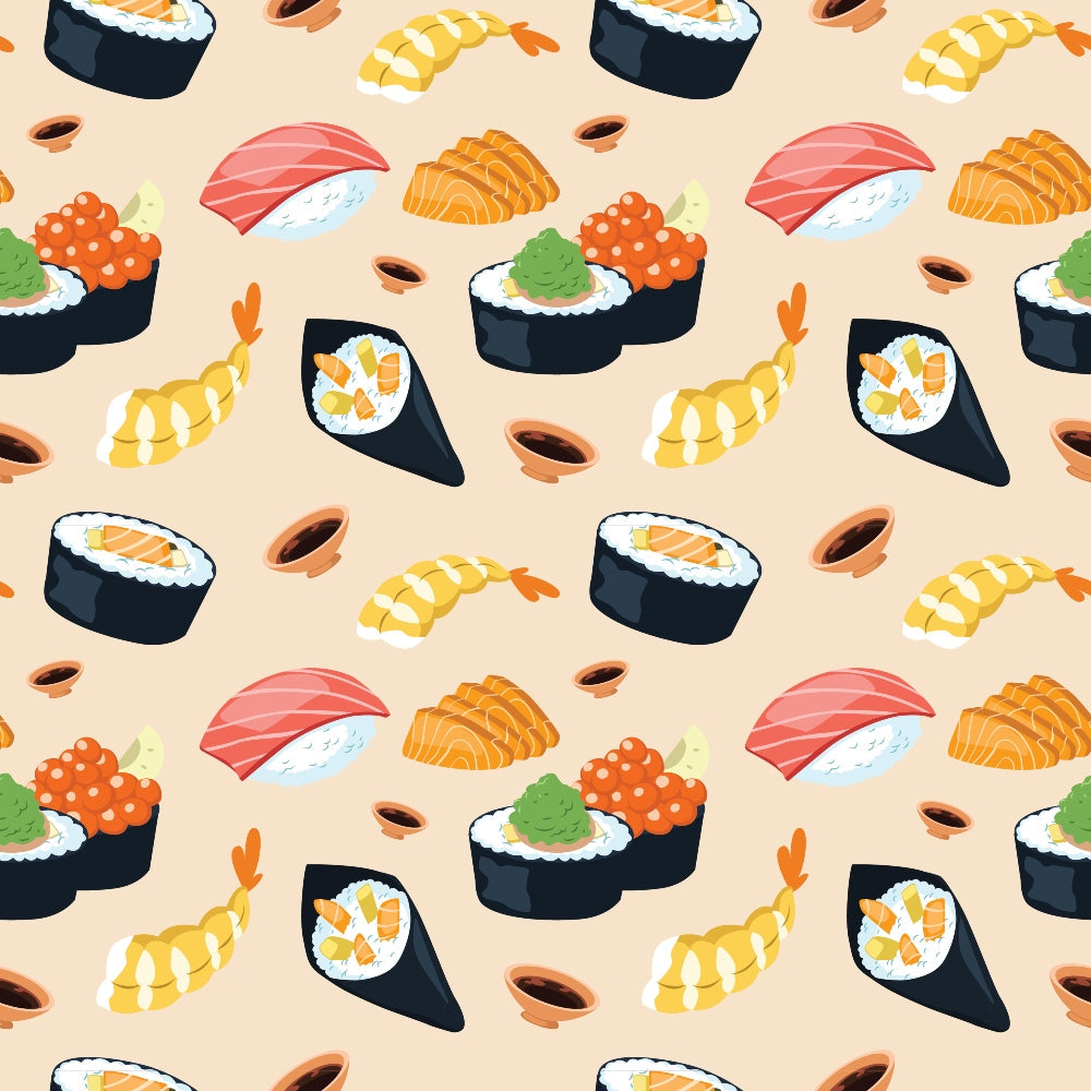 Pattern of various sushi types, including nigiri, maki, temaki, with wasabi and soy sauce dots on a beige background.